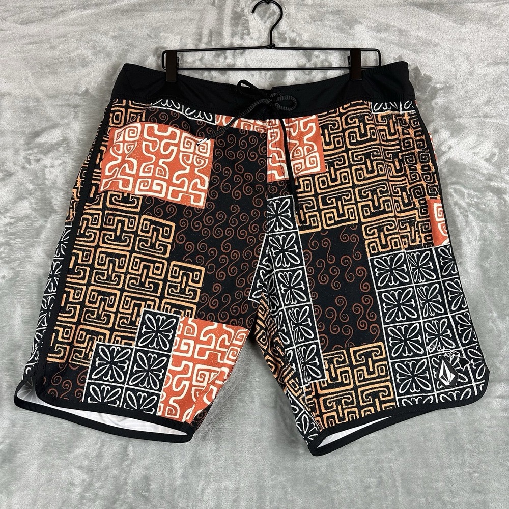 Volcom HI Scallop Mod 20 Boardshort Men's 38 Black Orange Geometric Print NEW